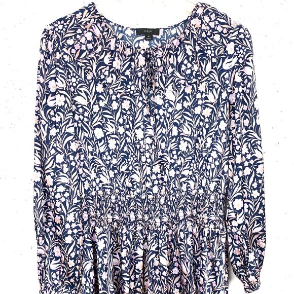 J.Crew V-Neck Mini Dress Floral Fields Navy Smocked Waist Ruffle Neck Medium - Picture 6 of 16